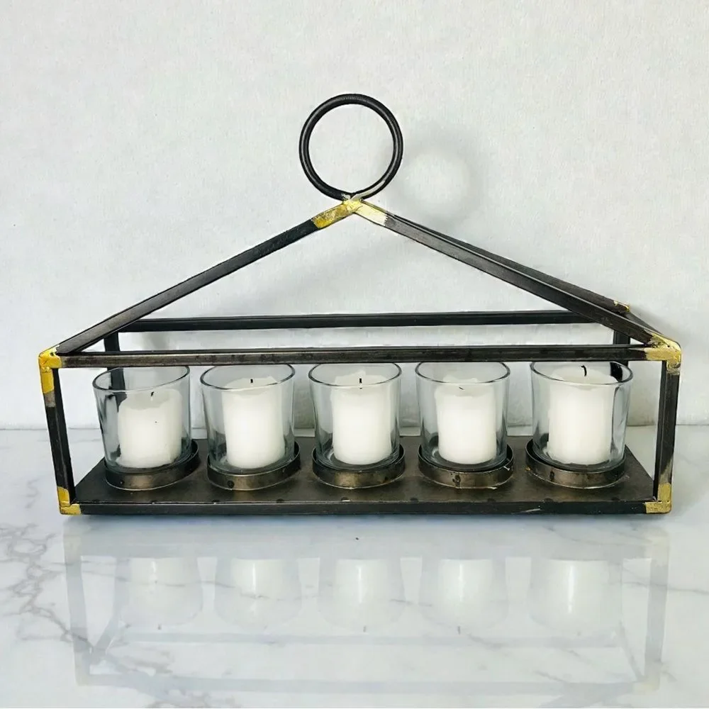 Modern Metal Candle Holder Brushed Gold Accents 5 Glass Votives Farmhouse Decor